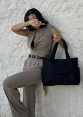 Önü Cepli Tote Çanta Siyah