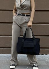 Önü Cepli Tote Çanta Siyah