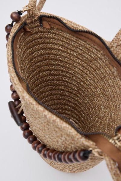 Boncuk Detaylı Hasır Çapraz Çanta