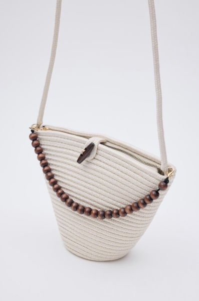 Boncuk Detaylı Hasır Çapraz Çanta Krem