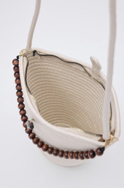 Boncuk Detaylı Hasır Çapraz Çanta Krem