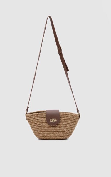 Leila Kilit Detaylı Hasır Çapraz Çanta Vizon