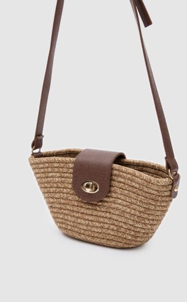 Leila Kilit Detaylı Hasır Çapraz Çanta Vizon