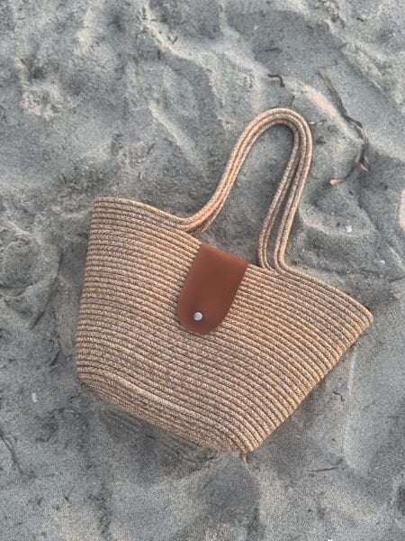 Cocos Kapaklı Handmade Hasır Tote Çanta Vizon