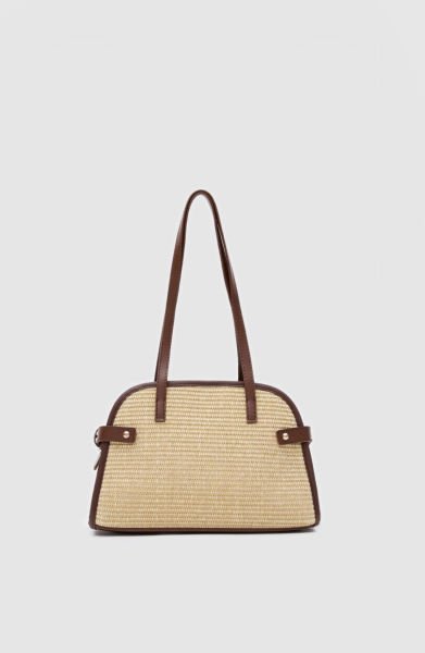 Elba Vintage Hasır Omuz Çantası Fındık Kabuğu