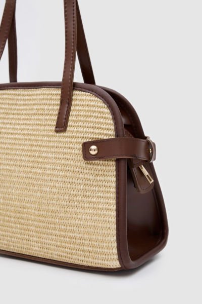 Elba Vintage Hasır Omuz Çantası Fındık Kabuğu