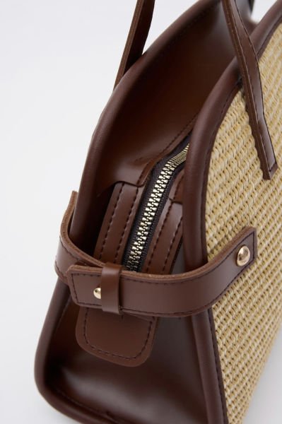 Elba Vintage Hasır Omuz Çantası Fındık Kabuğu