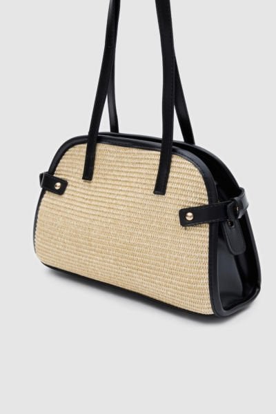 Elba Vintage Hasır Omuz Çantası Siyah