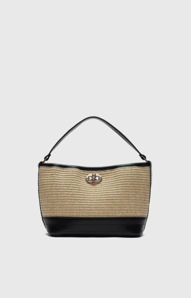 Hasır Görünümlü Kilitli Omuz Çantası Siyah