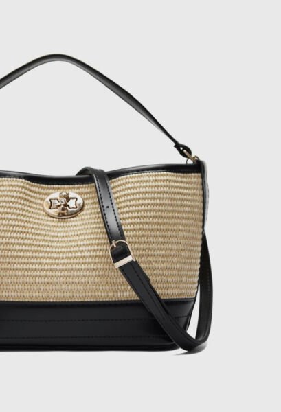 Hasır Görünümlü Kilitli Omuz Çantası Siyah