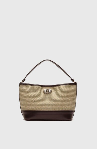 Hasır Görünümlü Kilitli Omuz Çantası Taba