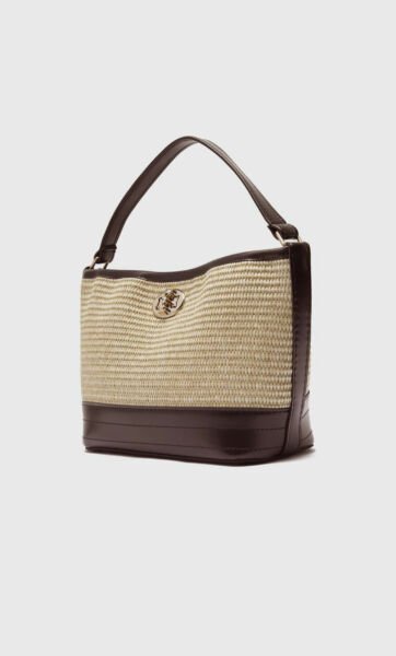 Hasır Görünümlü Kilitli Omuz Çantası Taba