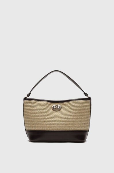 Hasır Görünümlü Kilitli Omuz Çantası Kahverengi