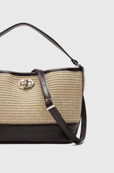 Hasır Görünümlü Kilitli Omuz Çantası Kahverengi