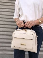 Bol Fermuarlı Kadın Omuz Çantası Krem