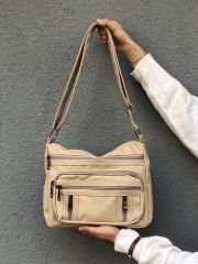 Bol Fermuarlı Yıkanmış Deri Kadın Çapraz Çanta Bej