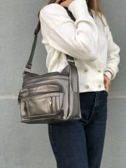 Bol Fermuarlı Yıkanmış Deri Kadın Çapraz Çanta Gümüş